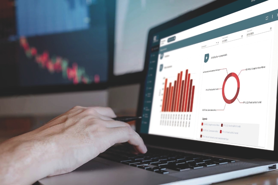 Eine Person arbeitet an einem Laptop, auf dessen Bildschirm Diagramme und Statistiken angezeigt werden. Eines der Diagramme ist ein Balkendiagramm, das andere ein Kreisdiagramm. Im Hintergrund ist ein weiterer Bildschirm mit unscharfen Datenvisualisierungen zu sehen.